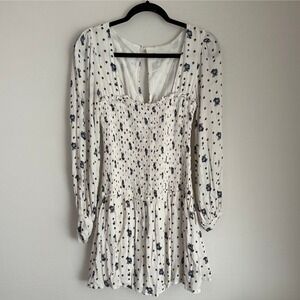 Free People Mini Dress White‎ Floral Smocked Long Sleeve Bohemian Cottagecore S